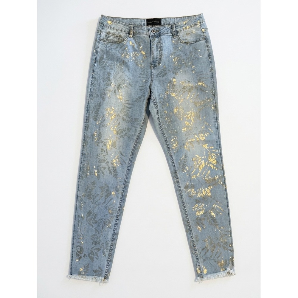 Frank Lyman Design Gold Foil Floral Leaf Print Slim Jeans Light Wash Blue XL
